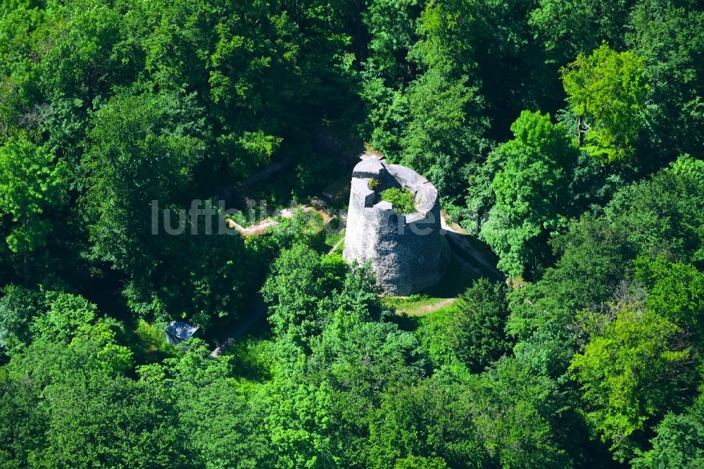 Bad Driburg von oben - Ruine und Mauerreste der Burgruine Iburg in Bad Driburg im Bundesland Nordrhein-Westfalen, Deutschland