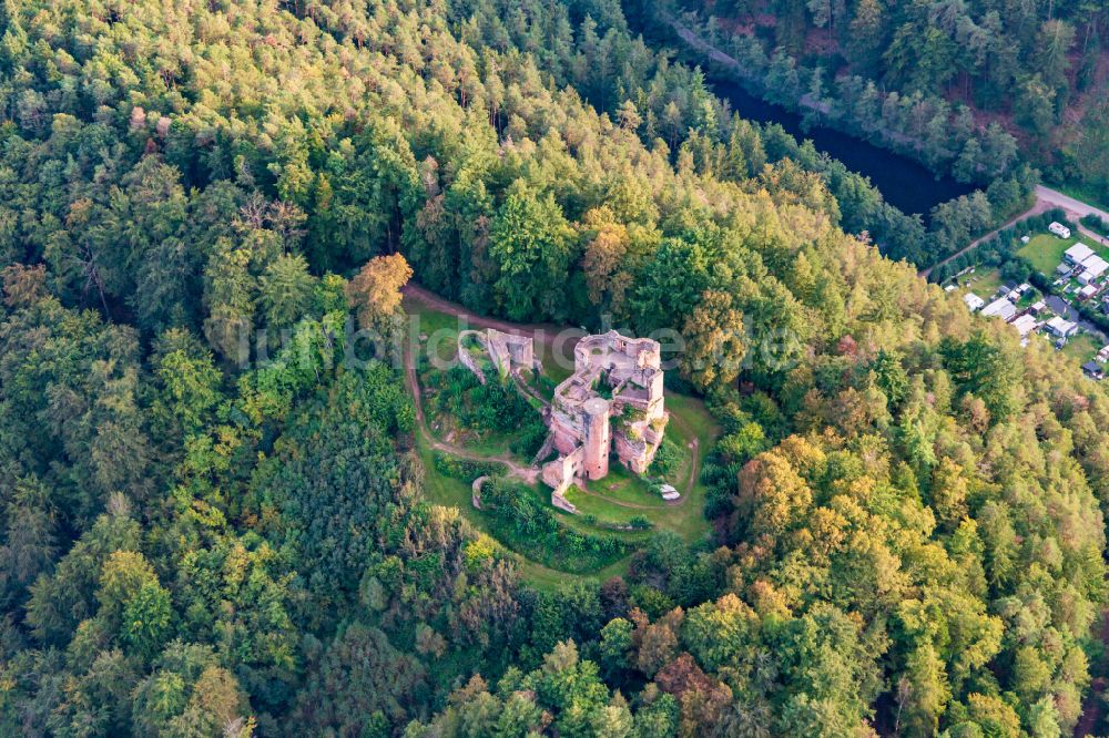 Dahn aus der Vogelperspektive: Ruine und Mauerreste der Burgruine Neudahn vor dem Neudahner Weier in Dahn im Bundesland Rheinland-Pfalz