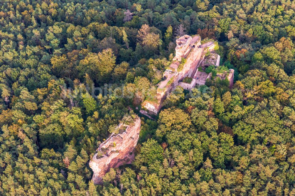 Busenberg aus der Vogelperspektive: Ruine und Mauerreste der ehemaligen Burg Drachenfels in Busenberg im Bundesland Rheinland-Pfalz
