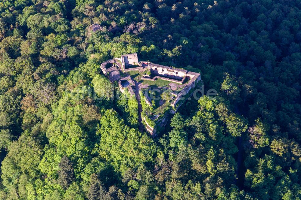 Luftaufnahme Vorderweidenthal - Ruine und Mauerreste der ehemaligen Burganlage Lindelbrunn in Vorderweidenthal im Bundesland Rheinland-Pfalz