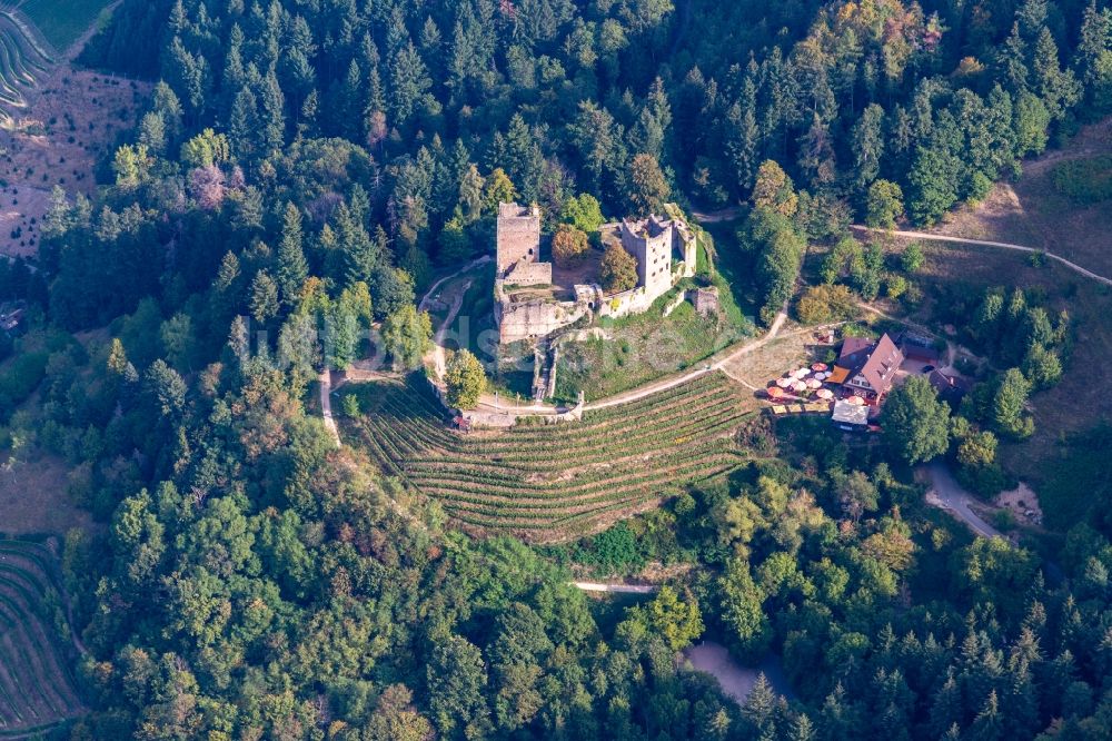 Oberkirch von oben - Ruine und Mauerreste der ehemaligen Burganlage Schauenburg in Oberkirch im Bundesland Baden-Württemberg, Deutschland