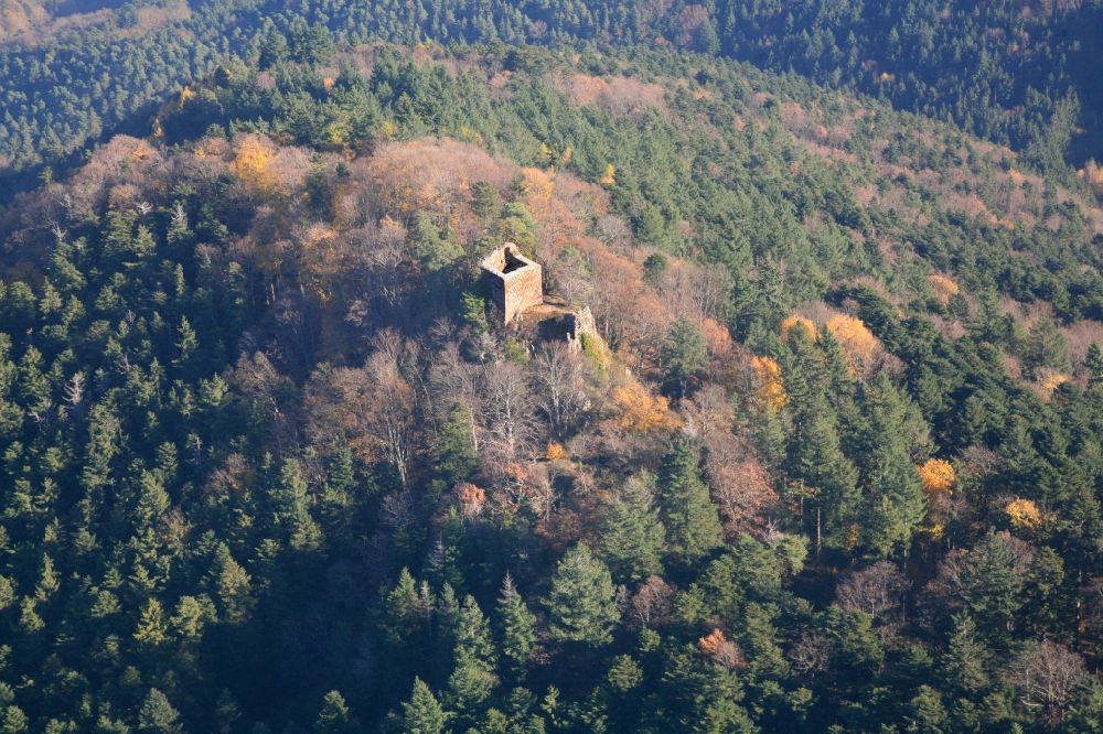 Luftaufnahme Riquewihr - Ruine und Mauerreste der ehemaligen Burganlage der Veste Burg Bilstein bei Riquewihr in Frankreich