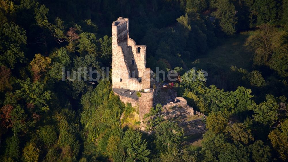 Puderbach von oben - Ruine und Mauerreste der ehemaligen Burganlage der Veste Burg Reichenstein im Westerwald in Puderbach im Bundesland Rheinland-Pfalz, Deutschland