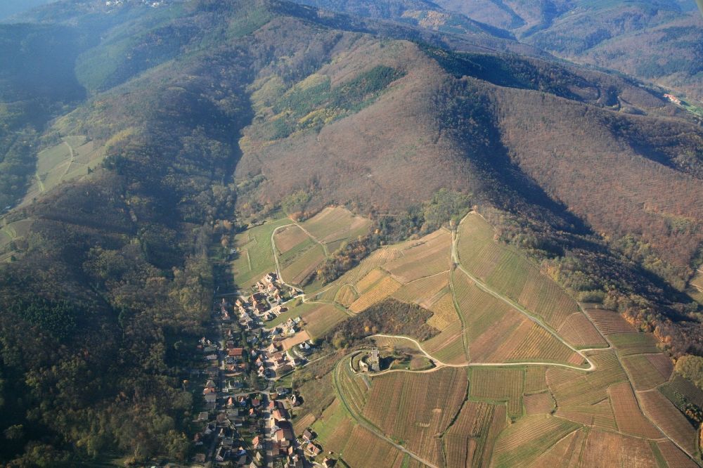 Katzenthal aus der Vogelperspektive: Ruine und Mauerreste der ehemaligen Burganlage der Veste Burg Wineck in Katzenthal im Elsass in Frankreich