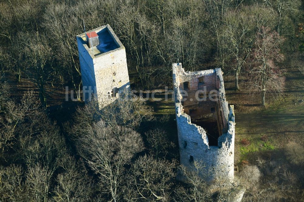 Luftbild Oldisleben - Ruine und Mauerreste der ehemaligen Burganlage der Veste Obere Sachsenburg in Oldisleben im Bundesland Thüringen, Deutschland