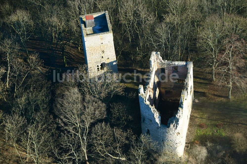 Luftaufnahme Oldisleben - Ruine und Mauerreste der ehemaligen Burganlage der Veste Obere Sachsenburg in Oldisleben im Bundesland Thüringen, Deutschland
