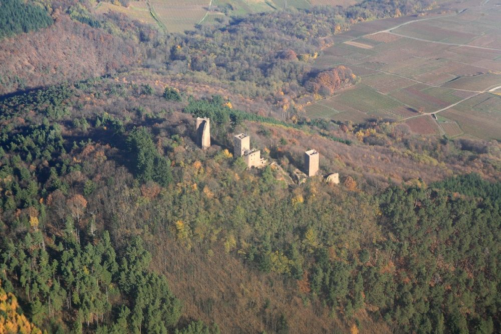 Luftbild Eguisheim - Ruine und Mauerreste der ehemaligen Burganlage der Veste Le troi Chateaux d'Eguisheim bei Eguisheim in Frankreich