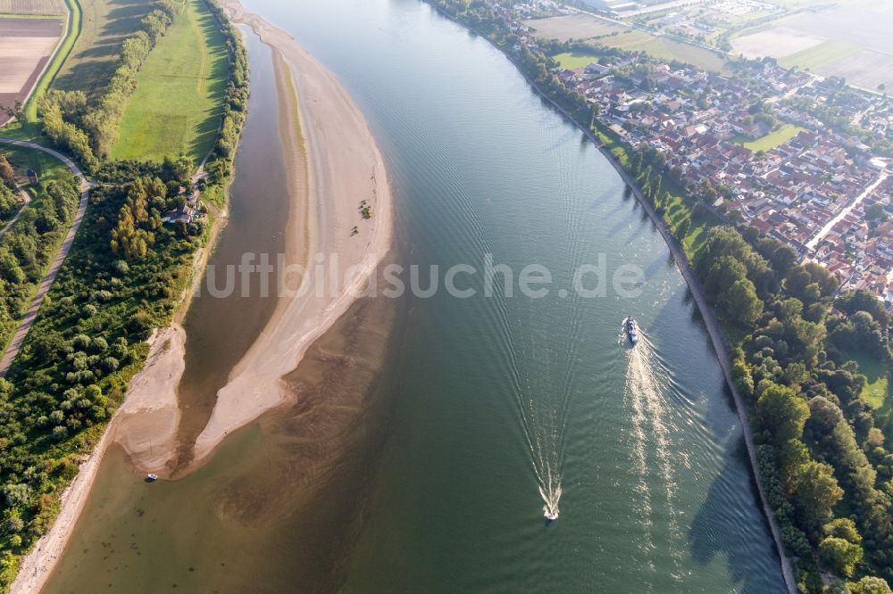 Luftbild Worms - Sandbank am Ufer des Rhein mit Sportboot im Ortsteil Rheindürkheim in Worms im Bundesland Rheinland-Pfalz, Deutschland
