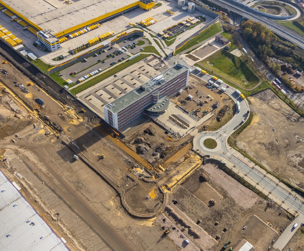 Luftbild Bochum - Sanierung eines Büro- und Geschäftshauses O-Werk und Neubau der Straßenführung in Bochum im Bundesland Nordrhein-Westfalen, Deutschland