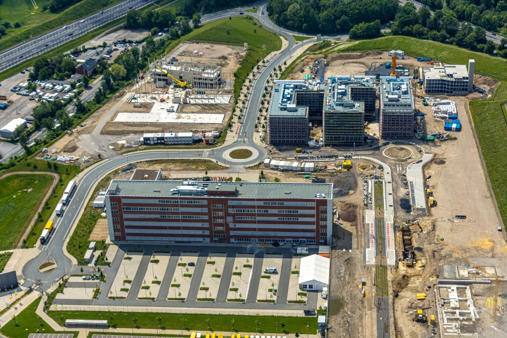 Luftaufnahme Bochum - Sanierung eines Büro- und Geschäftshauses O-Werk und Neubau der Straßenführung in Bochum im Bundesland Nordrhein-Westfalen, Deutschland