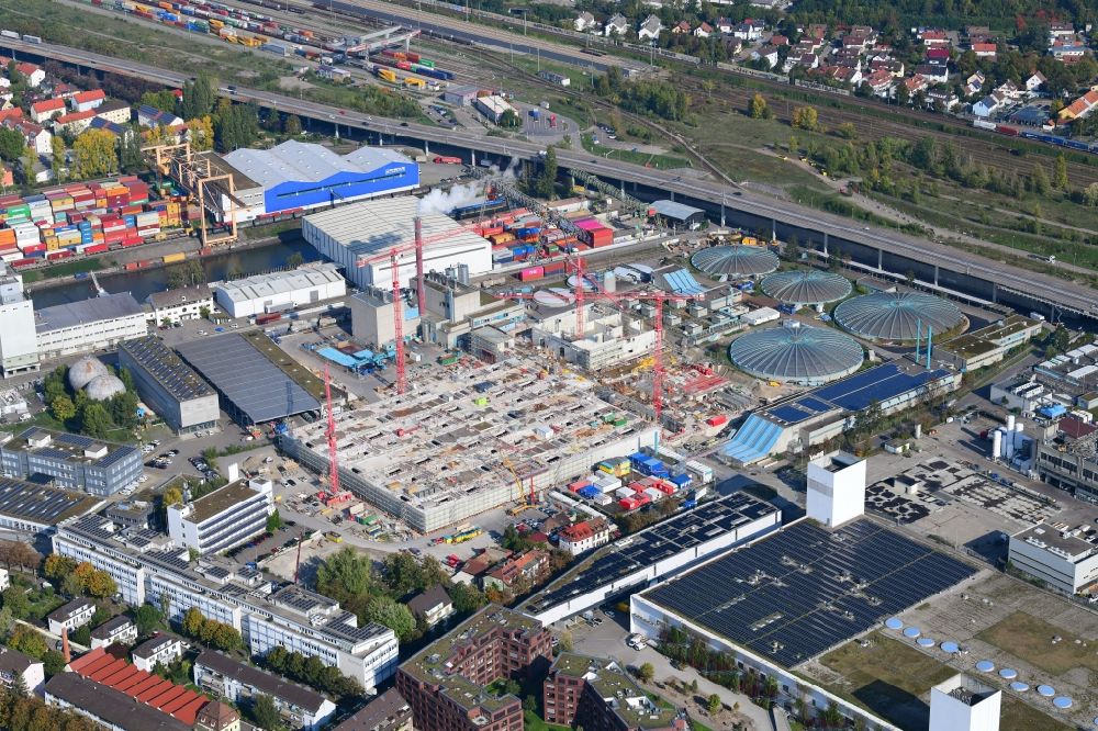 Luftbild Basel - Sanierung und Erweiterungs Baustelle der Klärwerks- Becken der ProRheno im Ortsteil Kleinhüningen in Basel, Schweiz