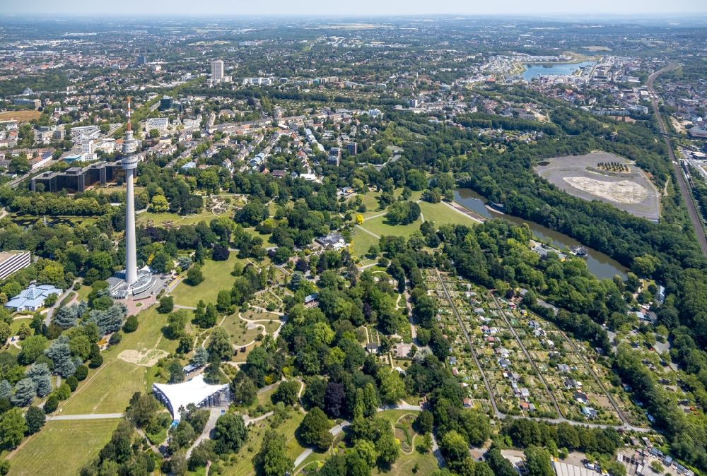 Luftaufnahme Dortmund - Sanierung des Gebäudekomplexes Sonnensegel im Westfalenpark in Dortmund im Bundesland Nordrhein-Westfalen, Deutschland
