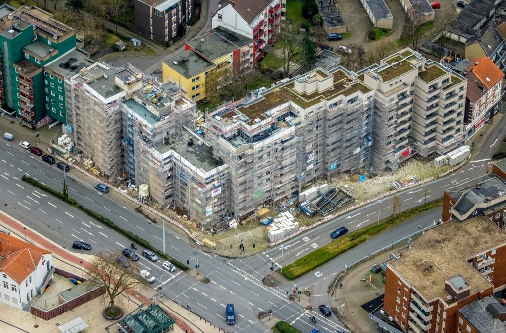 Luftbild Herne - Sanierung Hochhaus- Gebäude im Wohngebiet Bochumer Straße Ecke Sodinger Straße in Herne im Bundesland Nordrhein-Westfalen, Deutschland