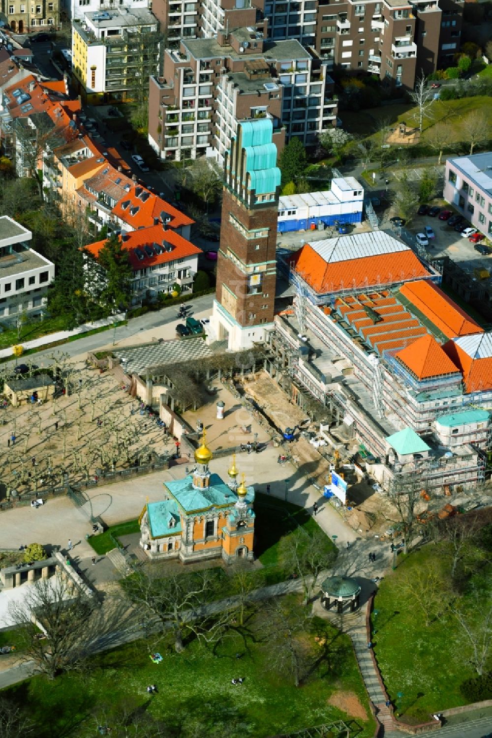 Luftbild Darmstadt - Sanierung des Kultur- und Kunst- Zentrums Institut Mathildenhöhe Darmstadt in Darmstadt im Bundesland Hessen, Deutschland