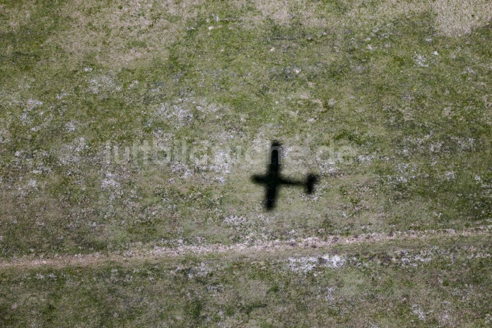 Werneuchen von oben - Schatten des Flugzeuges Cessna 172 D-EGYC der Agentur euroluftbild.de auf einer Wiese am Flugplatz in Werneuchen im Bundesland Brandenburg