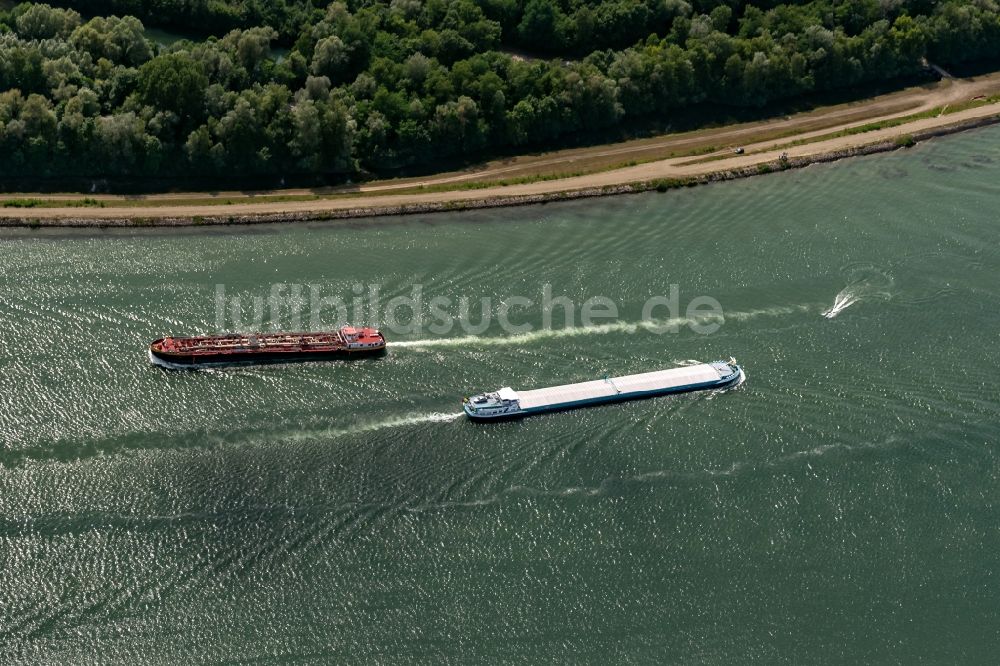 Luftaufnahme Gerstheim - Schiffe der Binnenschiffahrt in Fahrt auf der Wasserstraße des Flußverlaufes auf dem Oberrhein in Gerstheim in Grand Est, Frankreich