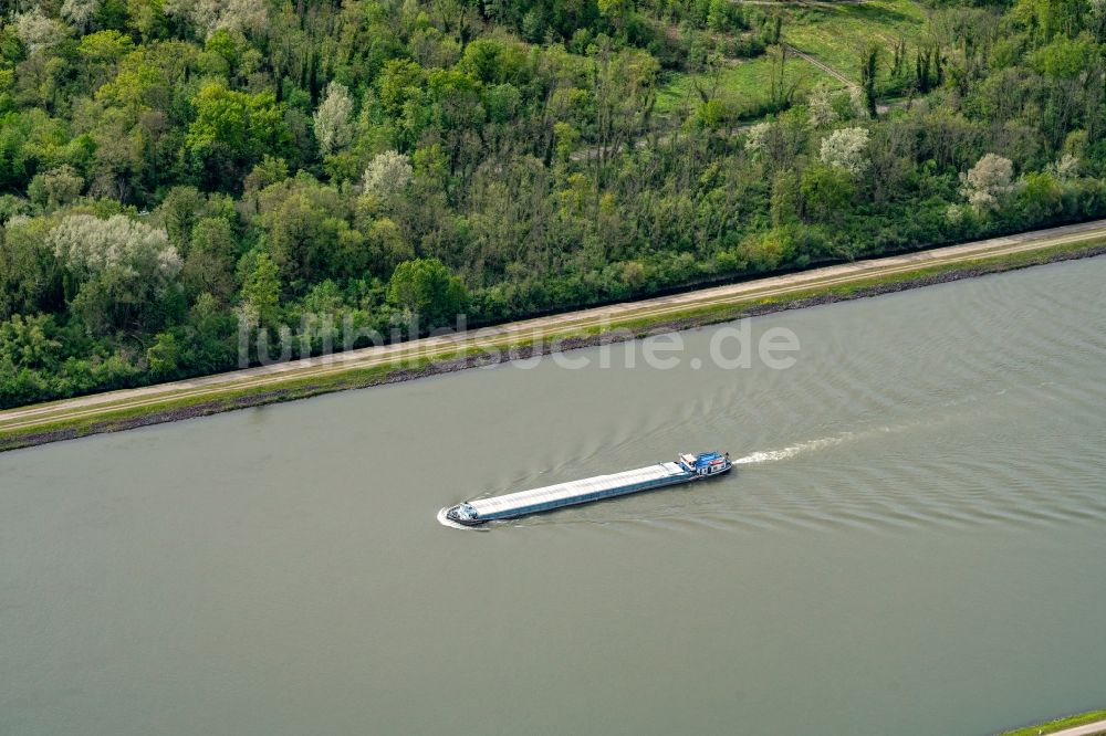 Luftaufnahme Diebolsheim - Schiffe der Binnenschiffahrt in Fahrt auf der Wasserstraße des Flußverlaufes Rhein in Diebolsheim in Grand Est, Frankreich