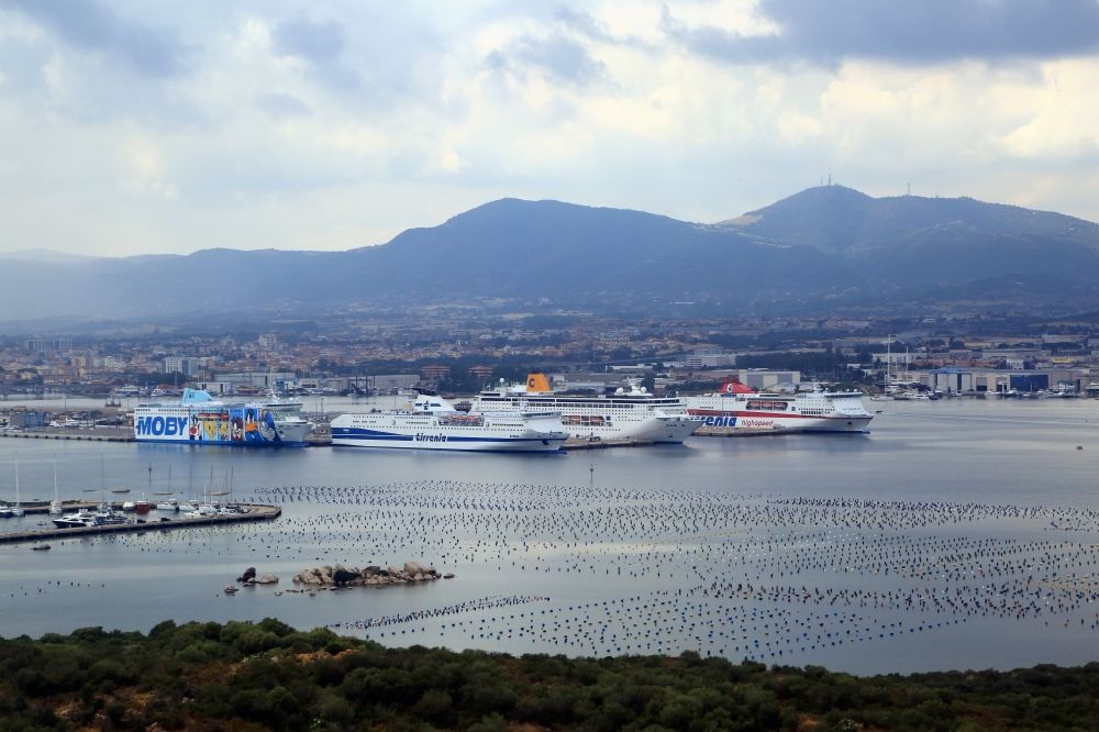 Olbia von oben - Schiffe im Hafen von Olbia auf der Insel Sardinien in Italien