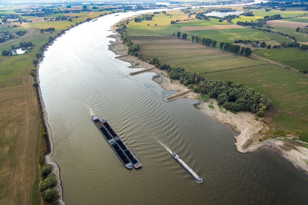 Luftbild Rees - Schleppverbände der Binnenschiffahrt in Fahrt auf dem Rhein in Rees im Bundesland Nordrhein-Westfalen, Deutschland