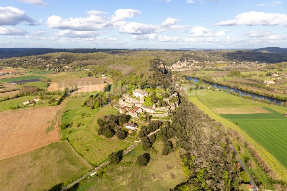 Luftbild Vezac - Schloßparkanlage von Schloß Marqueyssac über der Dordogne in Vezac in Nouvelle-Aquitaine, Frankreich