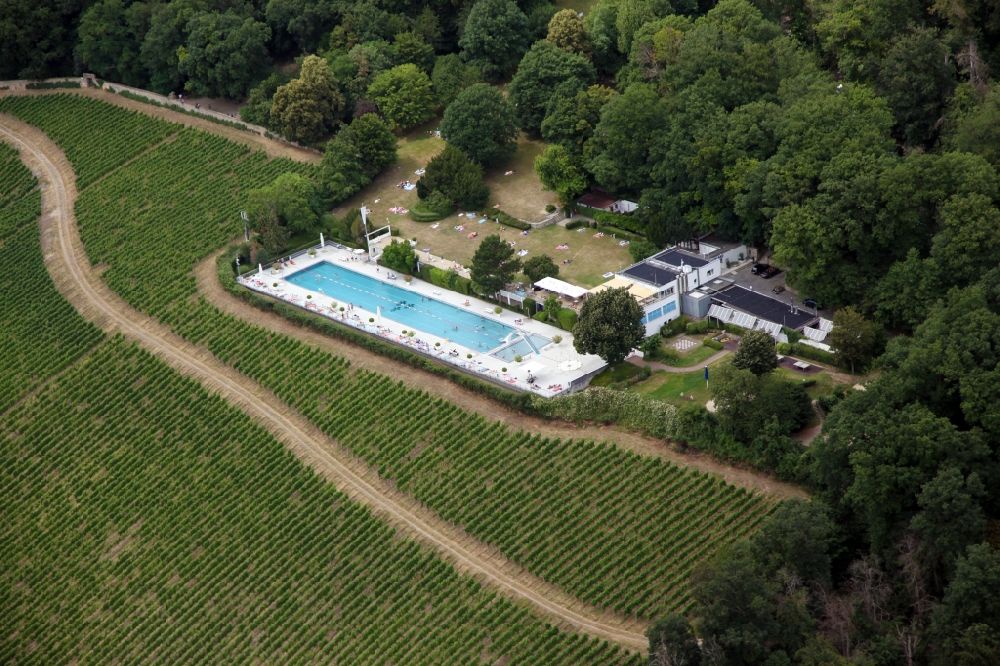 Luftaufnahme Wiesbaden - Schwimmbecken des Freibades Opelbad in Wiesbaden im Bundesland Hessen