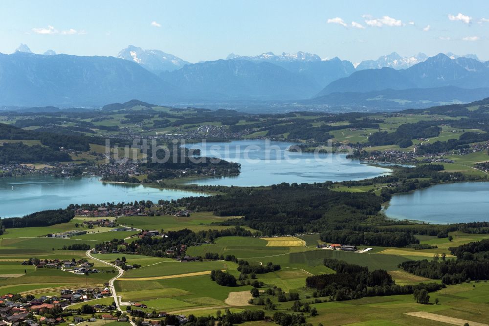 Aug von oben - Seen- Kette und Uferbereiche des Sees Mattsee - Grabensee - Obertrumer See in Aug in Salzburg, Österreich