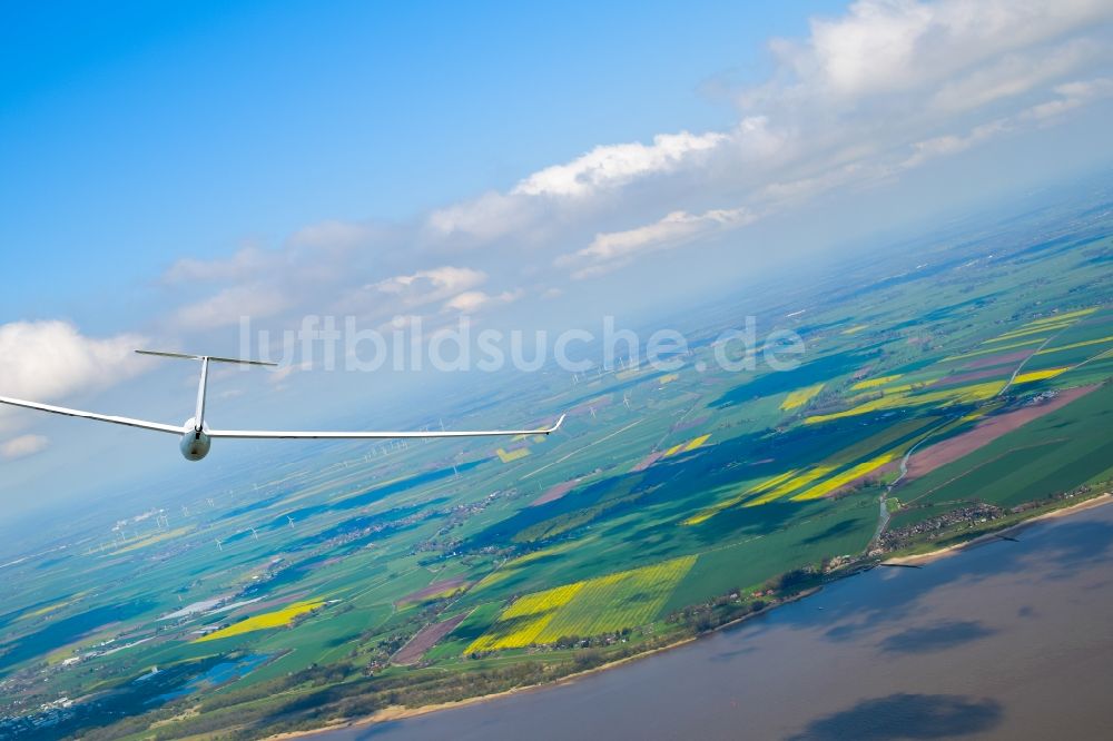Kollmar aus der Vogelperspektive: Segelflugzeug LS-4 D-4103 im Fluge über dem Luftraum über der Elbe bei Kollmar im Bundesland Niedersachsen, Deutschland
