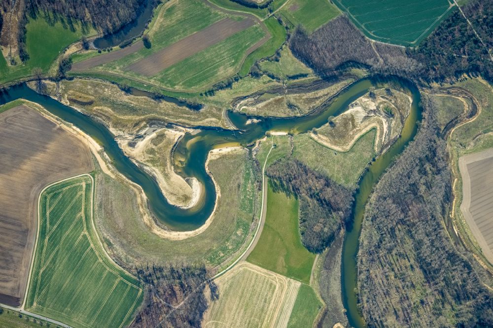 Luftbild Olfen - Serpentinenförmiger Fluss- Kurvenverlauf der Lippe in Olfen im Bundesland Nordrhein-Westfalen, Deutschland