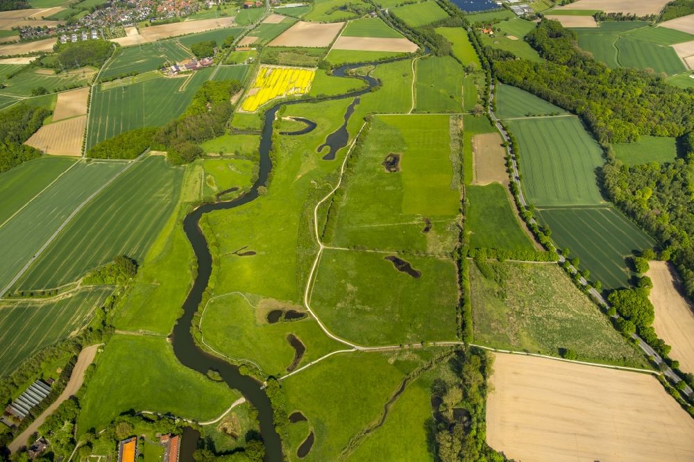 Luftaufnahme Hamm - Serpentinenförmiger Kurvenverlauf eines Bach - Flüsschens Lippe in Hamm im Bundesland Nordrhein-Westfalen
