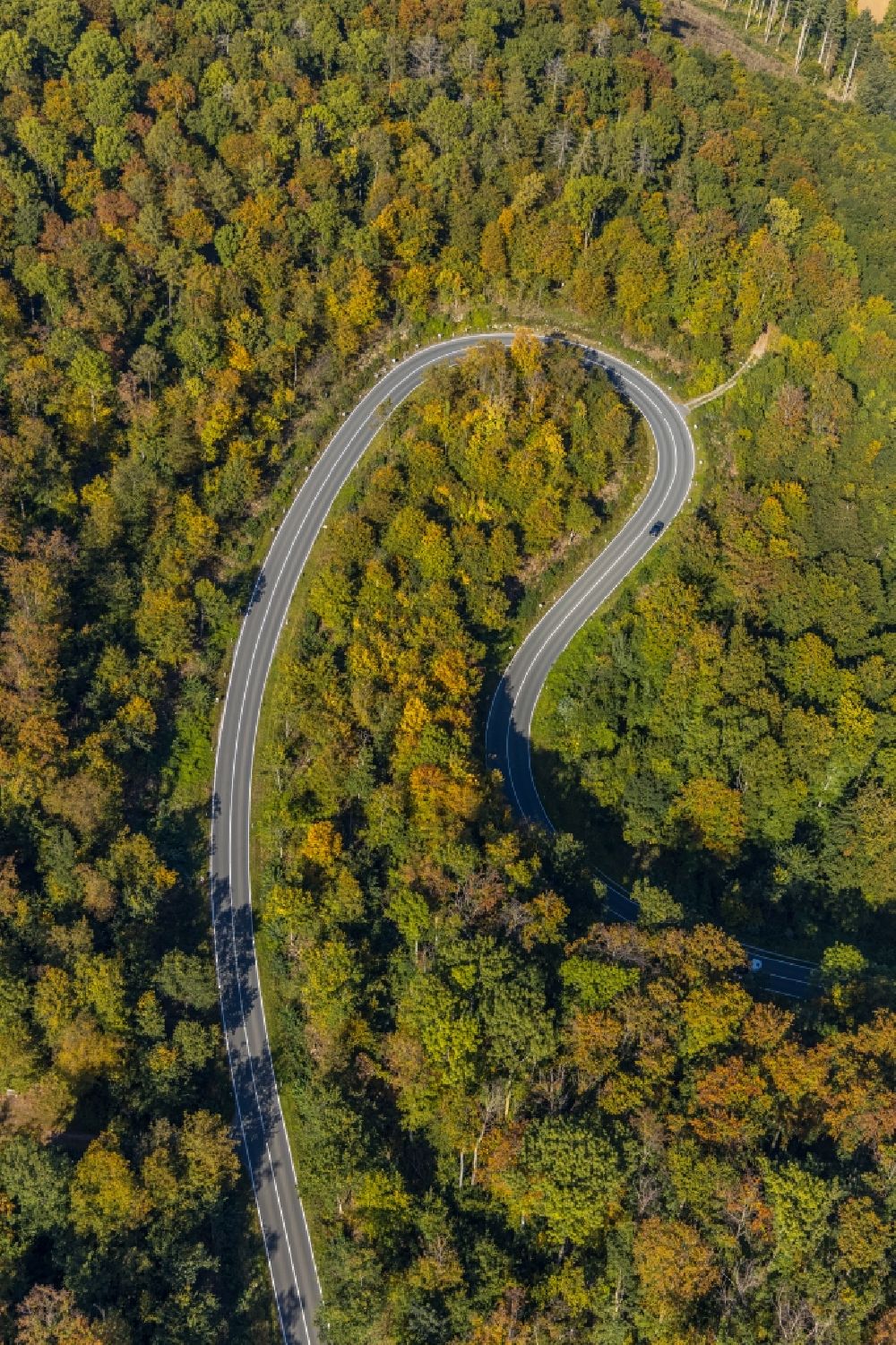 Beverungen aus der Vogelperspektive: Serpentinenförmiger Kurvenverlauf einer Straßenführung der Landstraße L838 in Beverungen im Bundesland Nordrhein-Westfalen, Deutschland
