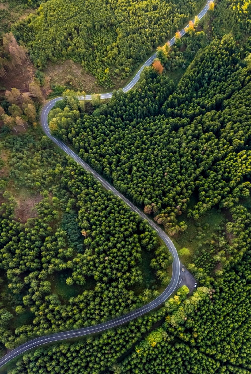 Luftbild Sundern (Sauerland) - Serpentinenförmiger Kurvenverlauf einer Straßenführung der Landstraße L839 in Sundern (Sauerland) im Bundesland Nordrhein-Westfalen, Deutschland