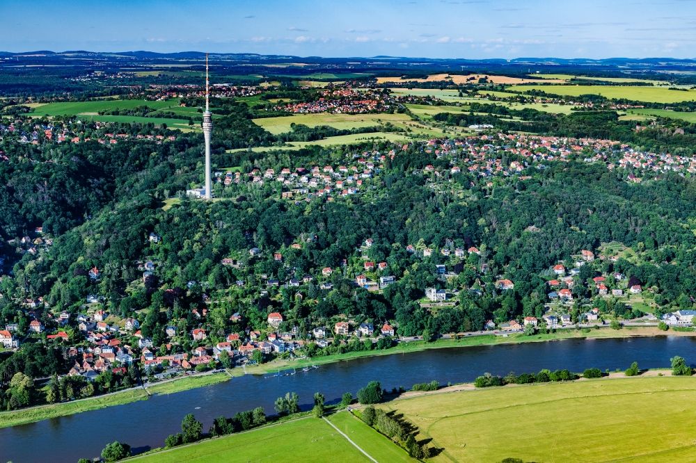 Dresden von oben - Siedlungsgebiet Wachwitz mit dem Fernsehturm in Dresden im Bundesland Sachsen, Deutschland
