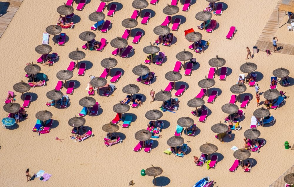 Cala D'or aus der Vogelperspektive: Sonnenschirmreihen am Sand- Strand im Küstenbereich der Cala Ferrera in Cala D'or in Balearische Insel Mallorca, Spanien