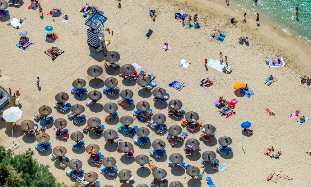 Luftaufnahme Portals Nous - Sonnenschirmreihen am Sand- Strand im Küstenbereich des Platja de s'Oratori an der Passatge a la Mar in Portals Nous in Balearische Insel Mallorca, Spanien