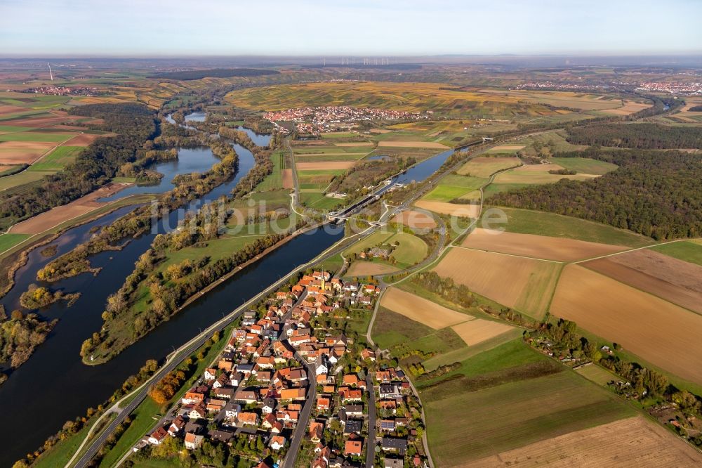 Luftbild Schwarzach am Main - Sperrwerk- Schleusenanlagen am Mainkanal in Gerlachshausen im Bundesland Bayern, Deutschland