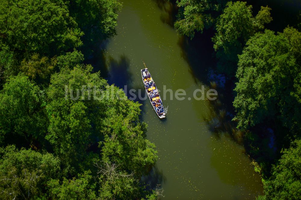 Lehde von oben - Sportboot - Ruderboot in Fahrt auf der Hauptspree in Lehde im Bundesland Brandenburg, Deutschland