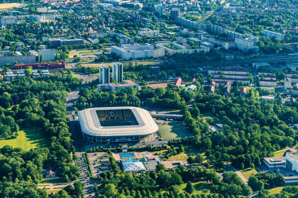 Dresden von oben - Sportstätten-Gelände der Arena des Rudolf-Harbig-Stadion in Dresden im Bundesland Sachsen