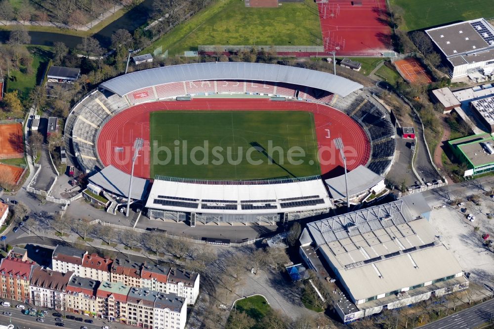 Kassel aus der Vogelperspektive: Sportstätten-Gelände der Arena des Stadion Auestadion in Kassel im Bundesland Hessen, Deutschland