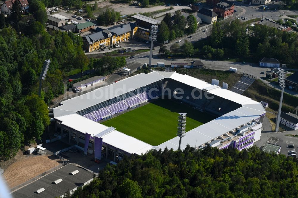 Aue von oben - Sportstätten-Gelände der Arena des Stadion Erzgebirgsstadion in Aue im Bundesland Sachsen, Deutschland