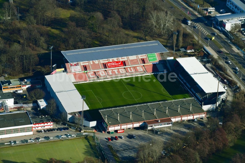 Cottbus von oben - Sportstätten-Gelände der Arena des Stadion der Freundschaft des Fußballclubs FC Energie in Cottbus im Bundesland Brandenburg