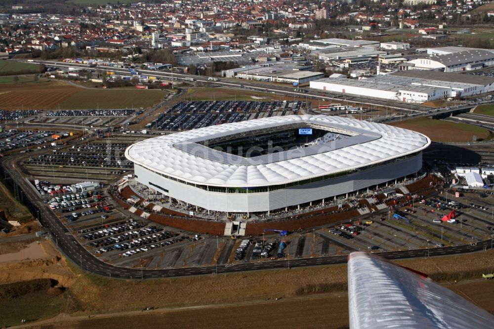 Luftbild Sinsheim - Sportstätten-Gelände der Arena des Stadion WIRSOL Rhein-Neckar-Arena in Sinsheim im Bundesland Baden-Württemberg