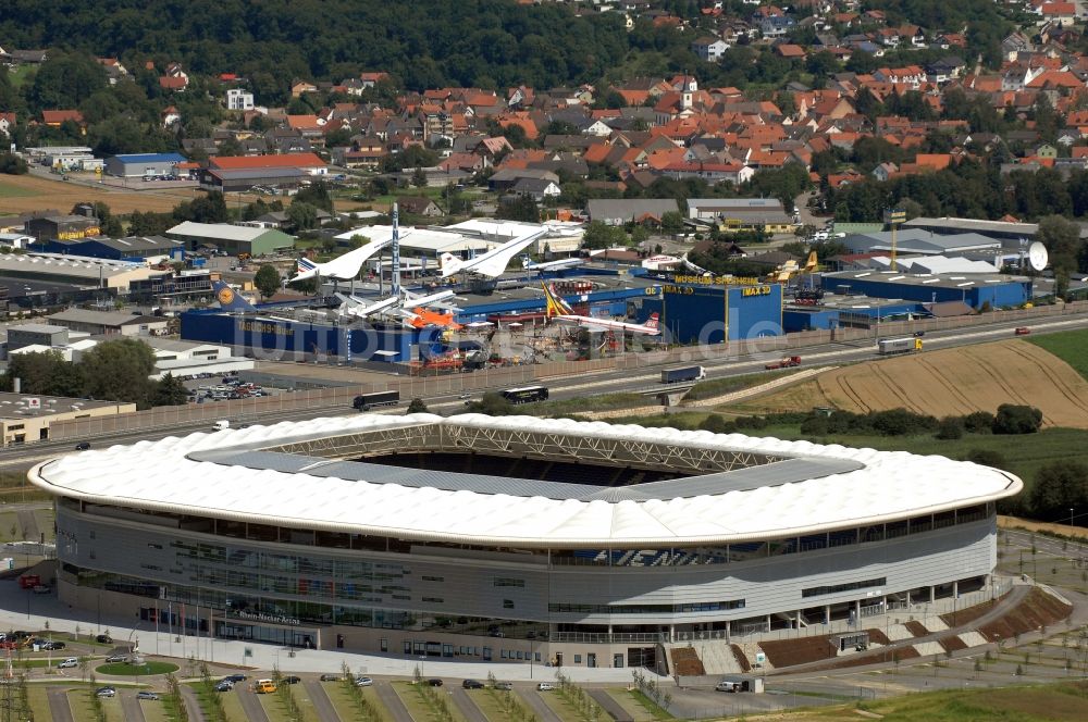 Luftaufnahme Sinsheim - Sportstätten-Gelände der Arena des Stadion WIRSOL Rhein-Neckar-Arena in Sinsheim im Bundesland Baden-Württemberg