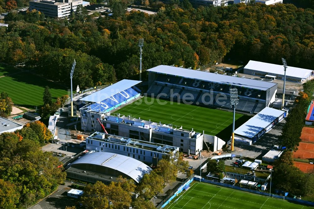 Luftbild Darmstadt - Sportstätten- Gelände des Merck-Stadion am Böllenfalltor mit neuer Zuschauertribüne in Darmstadt im Bundesland Hessen, Deutschland