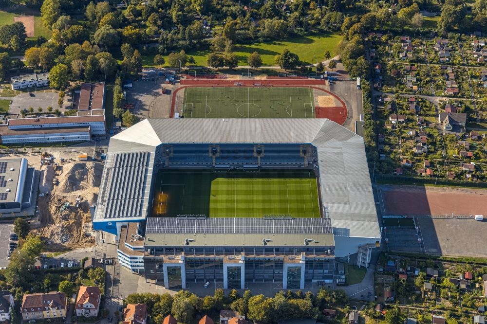 Luftaufnahme Bielefeld - Sportstätten-Gelände der SchücoArena in Bielefeld im Bundesland Nordrhein-Westfalen, Deutschland