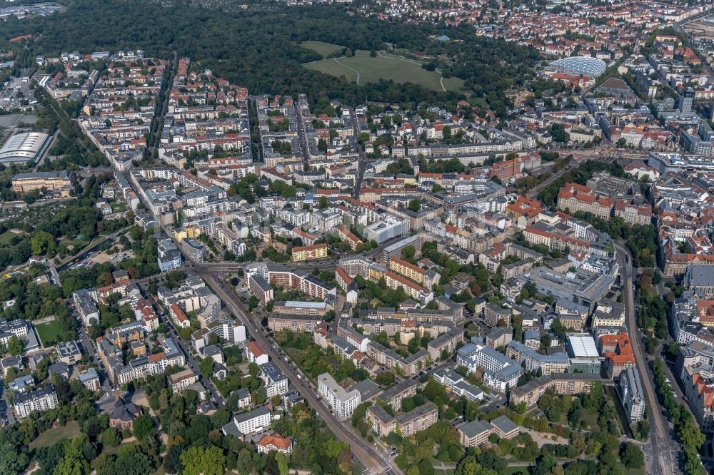 Luftaufnahme Leipzig - Stadtansicht vom Innenstadtbereich entlang der Friedrich-Ebert-Straße - Käthe-Kollwitz-Straße in Leipzig im Bundesland Sachsen, Deutschland