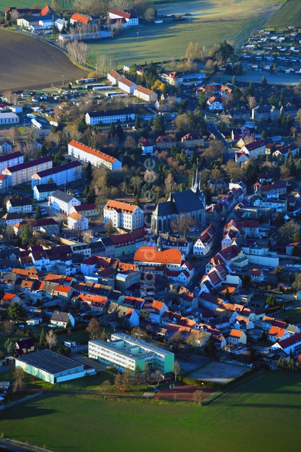 Lommatzsch von oben - Stadtansicht vom Innenstadtbereich in Lommatzsch im Bundesland Sachsen, Deutschland