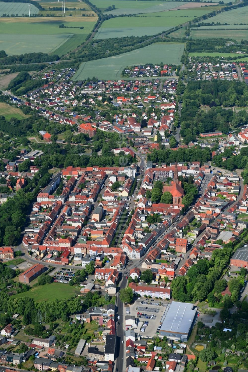 Luftaufnahme Pritzwalk - Stadtansicht vom Innenstadtbereich in Pritzwalk im Bundesland Brandenburg, Deutschland