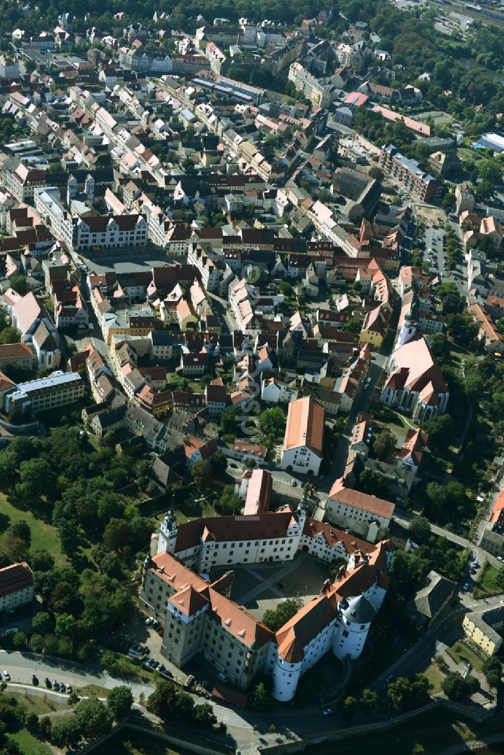 Torgau aus der Vogelperspektive: Stadtansicht des Innenstadtbereiches der Altstadt in Torgau im Bundesland Sachsen
