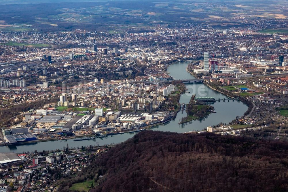 Birsfelden von oben - Stadtansicht am Ufer des Flußverlaufes des Rhein in Birsfelden und Basel im Kanton Basel-Landschaft, Schweiz