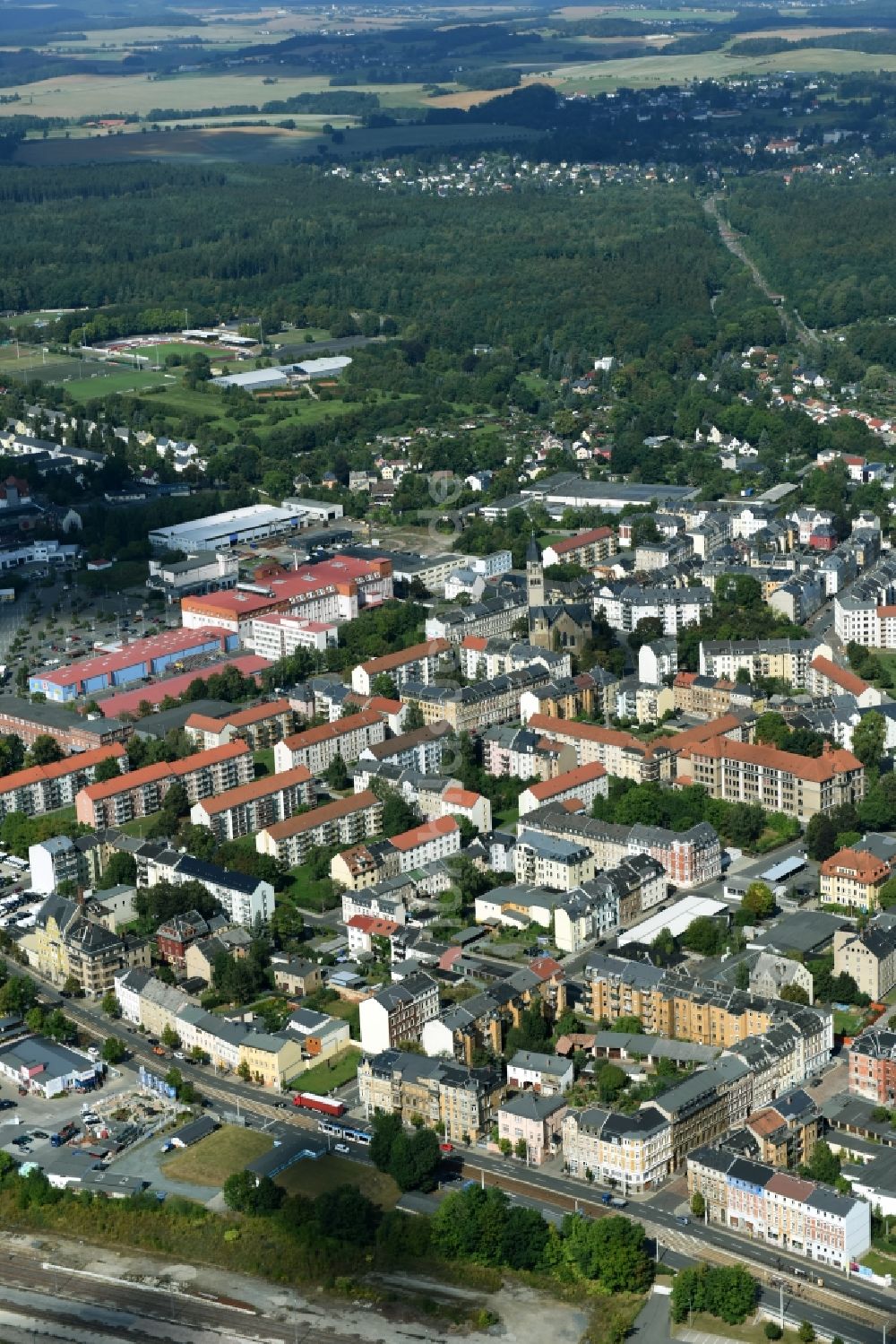 Plauen von oben - Stadtrand und Außenbezirks- Wohngebiete in Plauen im Bundesland Sachsen